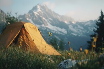 Poster - A picture of a tent pitched up in a field with majestic mountains in the background. Perfect for camping and outdoor adventure themes