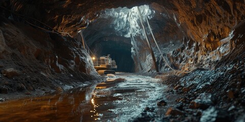 Poster - A train is seen emerging from a dark tunnel. This image can be used to depict travel, transportation, or the anticipation of a journey