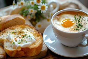 Wall Mural - A cup of coffee and some bread placed on a table. Suitable for breakfast or cafe-themed designs