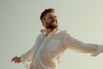 Poster - A man wearing a white shirt and glasses extends his arms outwards. Versatile image suitable for various uses