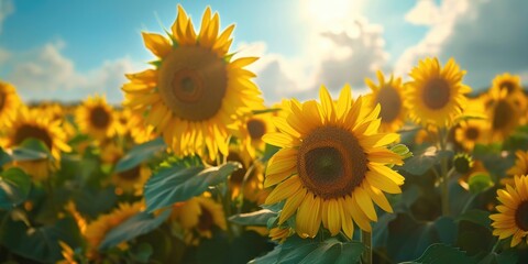 Aufkleber - A beautiful field of sunflowers with a clear blue sky in the background. Perfect for nature and summer-themed projects
