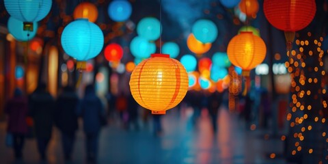 Aufkleber - A group of people walking down a street next to vibrant and colorful lanterns. Perfect for capturing the lively atmosphere of a festive event or cultural celebration