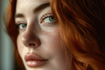 Poster - A close up shot of a woman with freckles on her face. Perfect for beauty and skincare related content