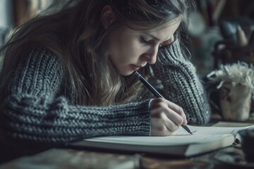 Poster - A woman is captured in the act of writing in a notebook with a pen. This image can be used for various purposes, such as education, creativity, or documentation