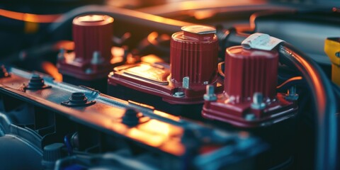 Poster - A detailed view of the engine bay of a car. This image can be used to showcase automotive technology and engineering.