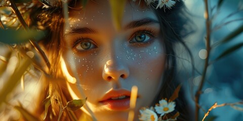Poster - A woman wearing a wreath of flowers on her head. Perfect for spring-themed designs or boho-inspired projects