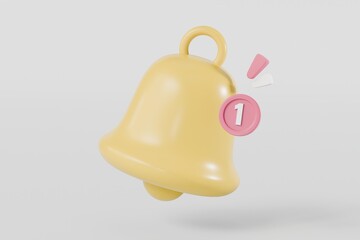  - 3d notification bell icon isolated on white background. 3d yellow ringing bell with new notification for social media reminder. Social media interaction concept. Minimal Cartoon icon design. 3d render