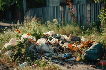 Poster - A pile of garbage sitting on the side of a road. Suitable for illustrating pollution or environmental issues