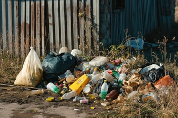 Poster - A pile of garbage sitting on the side of a road. Suitable for illustrating environmental pollution