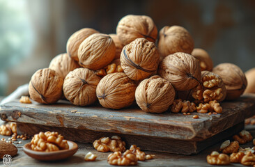 A group of nuts are on a table. A pile of walnuts neatly arranged on top of a wooden table.