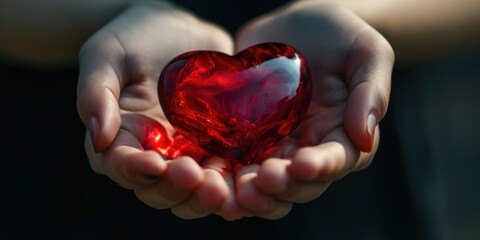 Leinwandbilder - A person is holding a red heart in their hands. This image can be used to express love, affection, or support