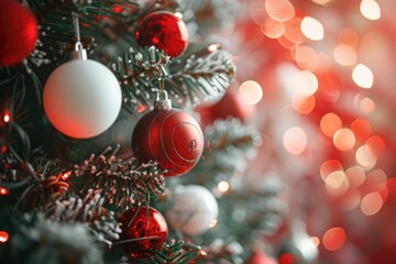 Poster - A detailed view of a Christmas tree with beautifully decorated ornaments. This image can be used to add a festive touch to holiday designs