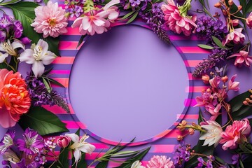 Poster - A beautiful purple frame adorned with an arrangement of vibrant flowers and lush green leaves. Perfect for adding a touch of elegance and nature to any design or project