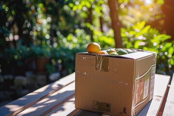 Aufkleber - A box of oranges sitting on top of a wooden table. Perfect for food and agriculture-related projects