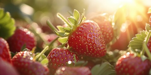 Poster - A close up shot of a bunch of ripe and juicy strawberries. This image can be used in various food-related projects and promotions
