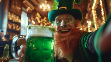 Banner Or Card For St. Patrick's Day, Red Smiling Leprechaun In A Green Hat With A Mug Of Green Ale Looking At The Camera In A Bar