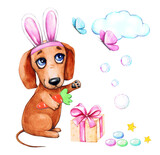 Fototapeta Panele - Cute dachshund dog with Easter bunny ears with gift box, butterflies, candies, cloud, stars, carrot
