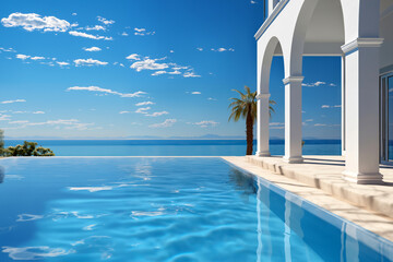 lounge area with pool and glass pavilion and a view of the summer landscape with clear blue sky