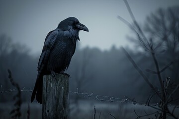 A dramatic shot of a black raven perched on a spooky fencepost