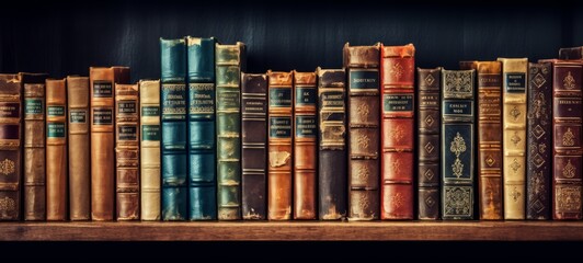 Rich collection of ornate, vintage leatherbound books lined up on a shelf. Concept of antiquarian books, classic literature, and home library aesthetics.