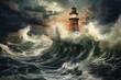 Lighthouse withstanding turbulent sea. Generative AI