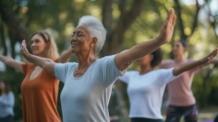 Group of multiethnic mature people stretching arms outdoor. Middle aged yoga class doing breathing exercise at park. Beautifil women and fit men doing breath exercise together with outstretched arms.