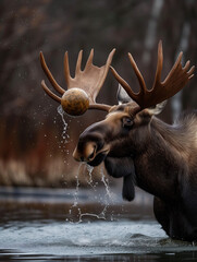 Wall Mural - A Photo of a Moose Playing with a Ball in Nature