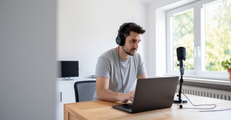 Blogger recording a podcast in a modern, acoustically tuned home studio with professional setup