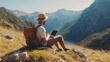 © buraratn - Young man freelancer traveler wearing hat anywhere working online using laptop and enjoying mountains view