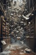 Complex collage of an ancient library with books flying out, turning into birds and mythical creatures.