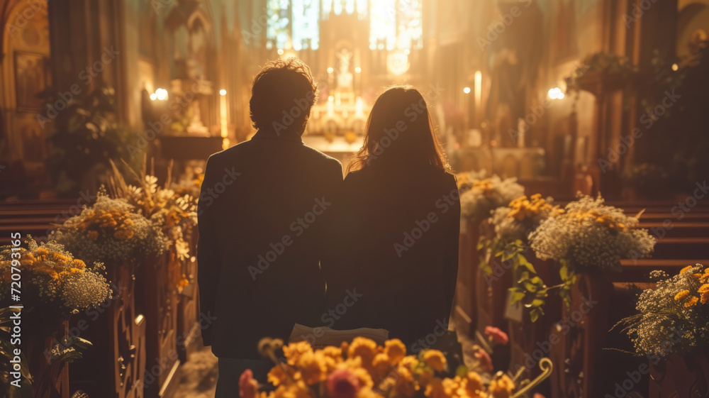Sad, funeral and flowers with couple and coffin in church for death ...