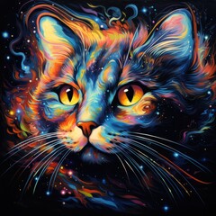 Wall Mural - A Stunning Portrait of a Cat Made of Swirling Colorful Galaxies