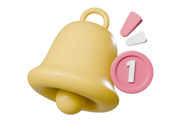Fototapete - 3d notification bell icon isolated on pink background. 3d yellow ringing bell with new message notification for social media reminder. Notices phone app concept. Minimal Cartoon icon design. 3d render