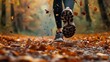 Jogger's shoes hitting a forest trail covered with fallen leaves generative ai