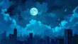 Moonlit cityscape with manga-style clouds in various shades of blue generative ai