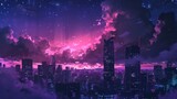 Fototapeta Na sufit - Nighttime cityscape with skyscrapers illuminated against a dark, starry sky. Manga-style clouds generative ai