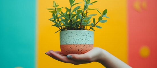 Wall Mural - Crafty Hand Holds Plant Pot in Stylish Photoshoot