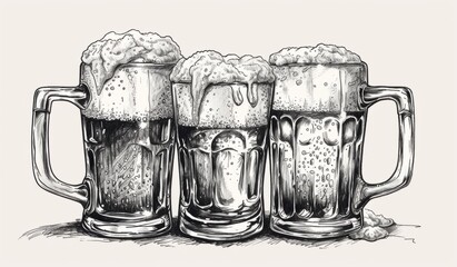 Wall Mural - hand drawn sketch of beer mugs with foam Generative AI