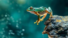 A Vibrant True Frog Basks On A Sun-kissed Rock, Embodying The Beauty And Resilience Of An Amphibian In Its Natural Outdoor Habitat