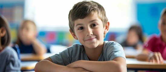 Sticker - Boy at Desk in Class: Young Boy Engaged in Classwork at His Desk in the Classroom