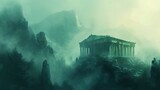 Fototapeta  - a digital painting of an ancient greek temple in a foggy, foggy, and foggy mountain landscape