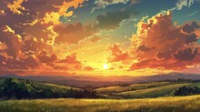 Sunset Over A Tranquil Countryside With Rolling Hills, Adorned With Manga-style Clouds Generative Ai