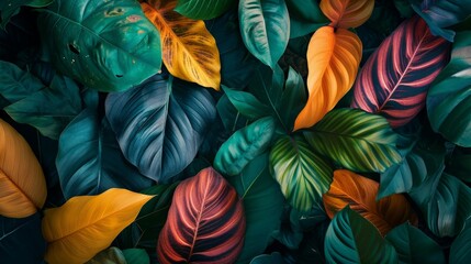 Vibrant colored abstract leaf textures, tropical leaves background. generative ai