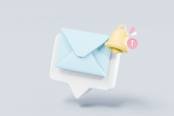 Fototapete - 3d mail envelope icon with bell ringing notification new message sign icon. Minimal 3d email letter with notification red bubble unread icon. message mailbox concept. isolated background 3d rendering.