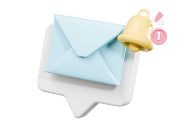 Fototapete - 3d mail envelope icon with bell ringing notification new message sign icon. Minimal 3d email letter with notification red bubble unread icon. message mailbox concept. isolated background 3d rendering.