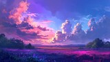 Fototapeta  - Twilights over a quiet meadow with vibrant violet and blue tones. manga style generative ai