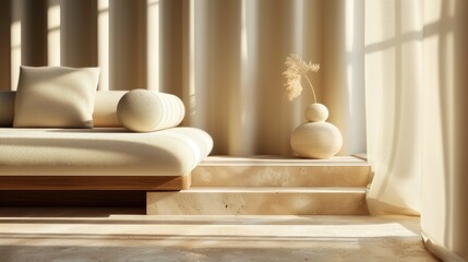 Cozy beige interior of living room with couch, Japandi style, wooden aesthetic, modern decor, lamp, sunlight through window in morning