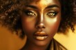 Gold glitter makeup on african woman face, beauty portrait of black model with shiny golden artistic make-up and glowing eyes, bokeh lights on background