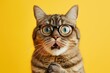© iridescentstreet - Studio portrait of shocked cat wearing glasses, isolated on yellow background