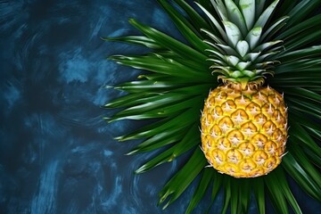 Fresh Cut Pineapple with Tropical Leaves on Dark Blue Background AI Generated